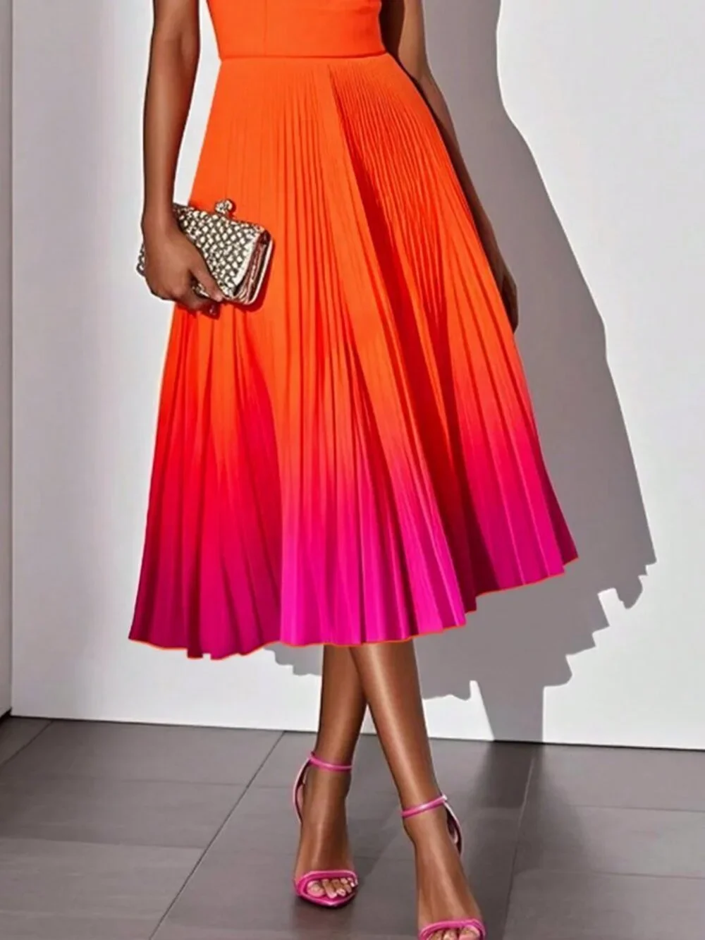 Orange Elegant Casual Women's Sleeveless Zipper Ombre Pleated Evening Dress - Picture 5 of 6
